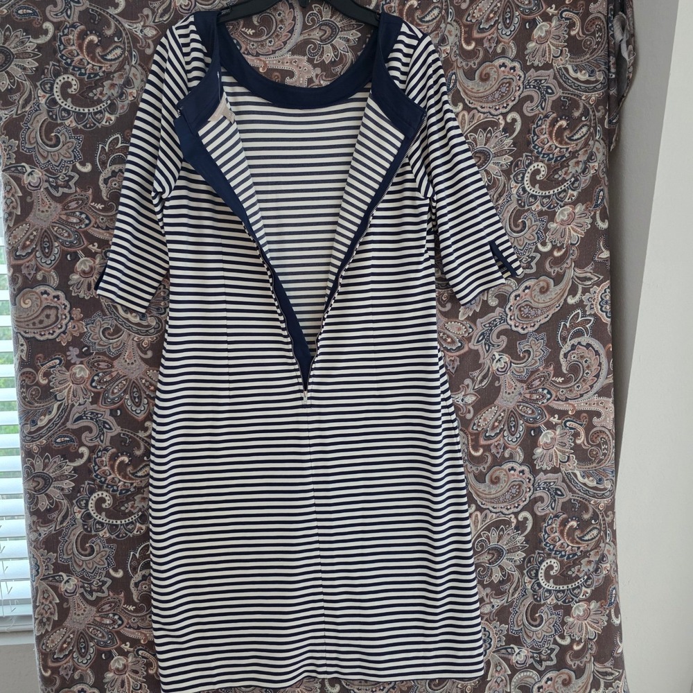 Banana Republic Navy White Striped Sheath Dress Scoop Neck Elbow Sleeve Size 10 - Picture 3 of 16